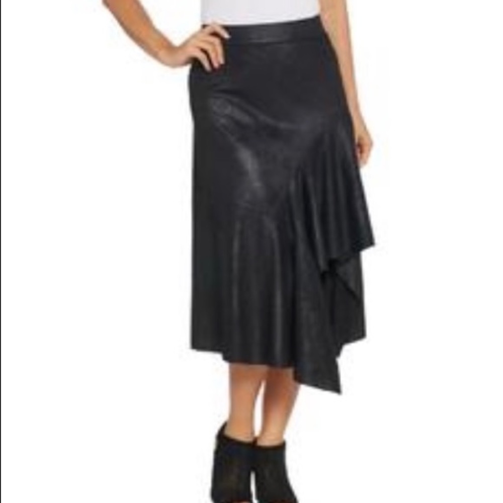 Lisa Rinna distressed ultra suede asymmetrical ruffle skirt